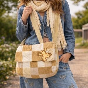 Boho Patchwork Corduroy Crossbody Bag | Frog Appliqué Messenger Purse